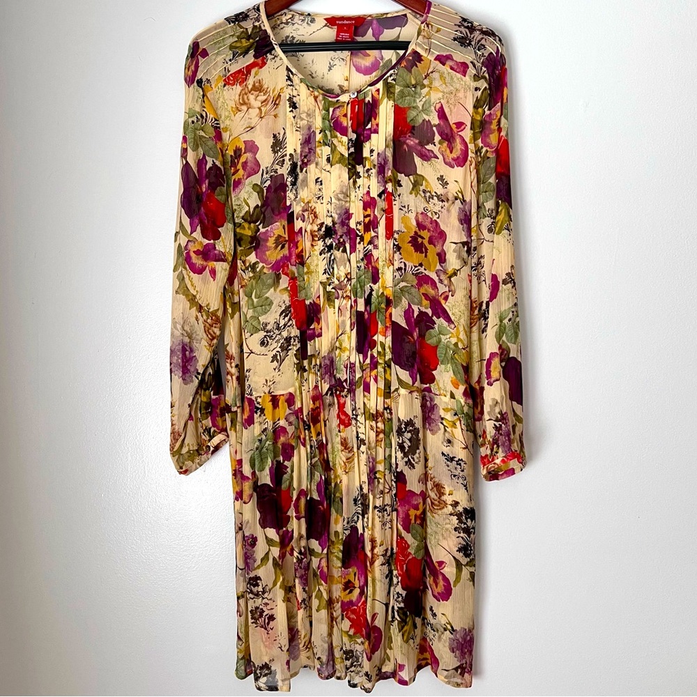 Sundance 100% Silk Sheer Floral Long Sleeve Dress Women’s Size Large